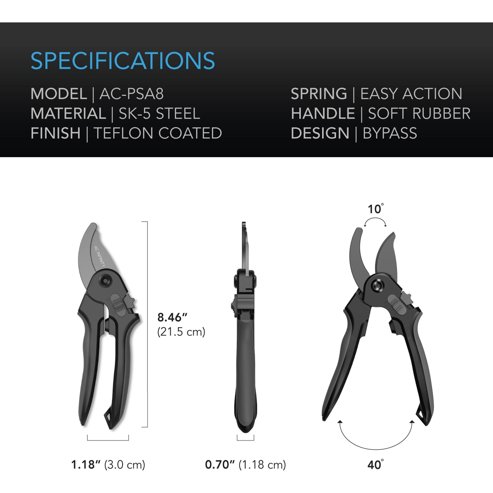 AC Infinity 8" Stainless Steel Pruning Shear - Bypass Blades